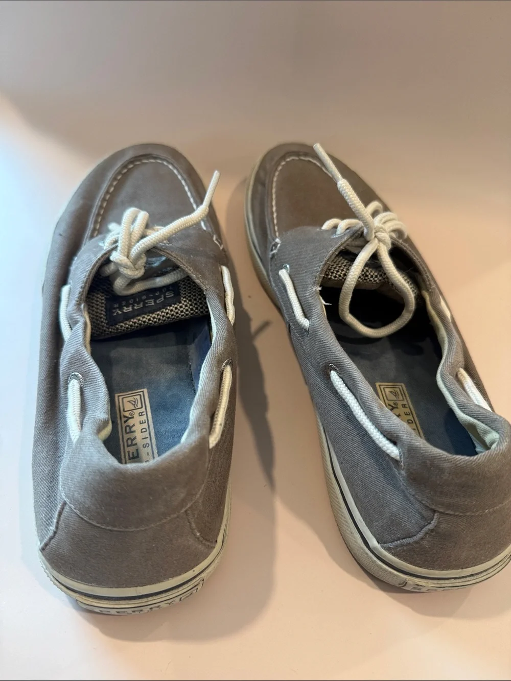 Sperry Taupe Canvas Boat Shoes with White Laces Size 12